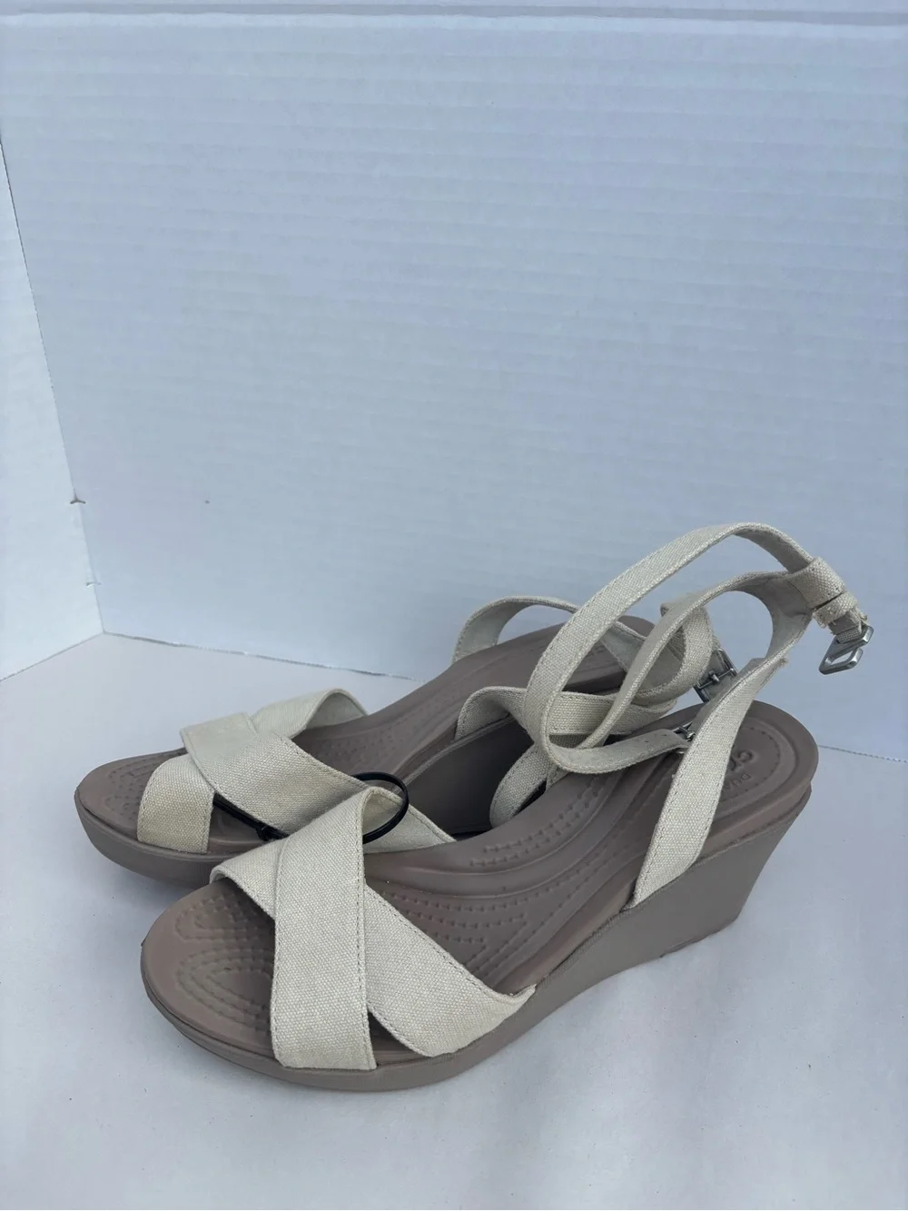 Crocs Leigh Beige Canvas Ankle Strap Wedge Sandals